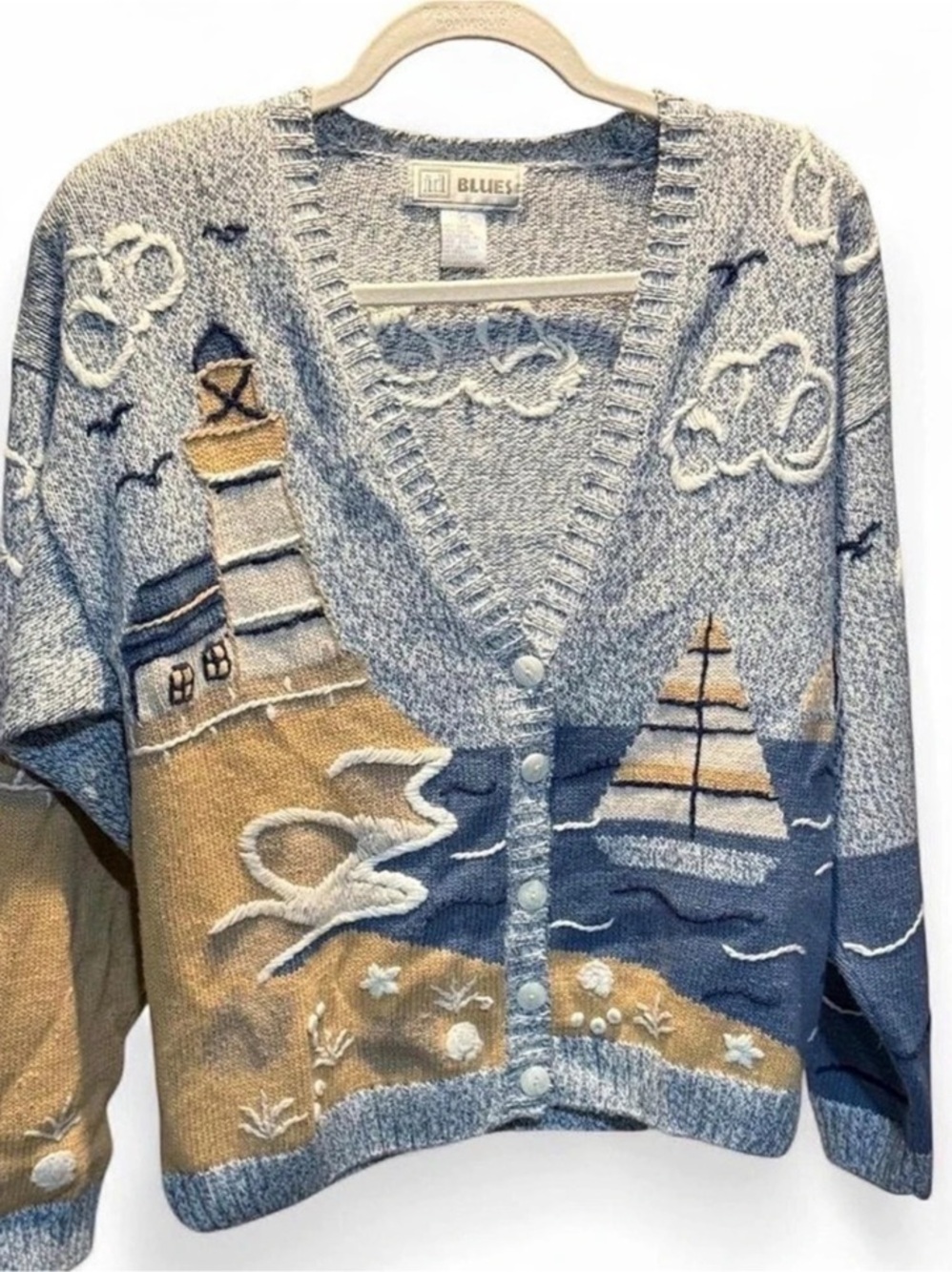 Vintage Blues Nautical Embroidered knit Cardigan in Blue & Brown